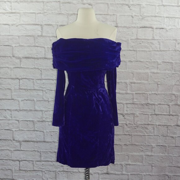 Vintage 80s Crushed Velvet Off Shoulder Dress